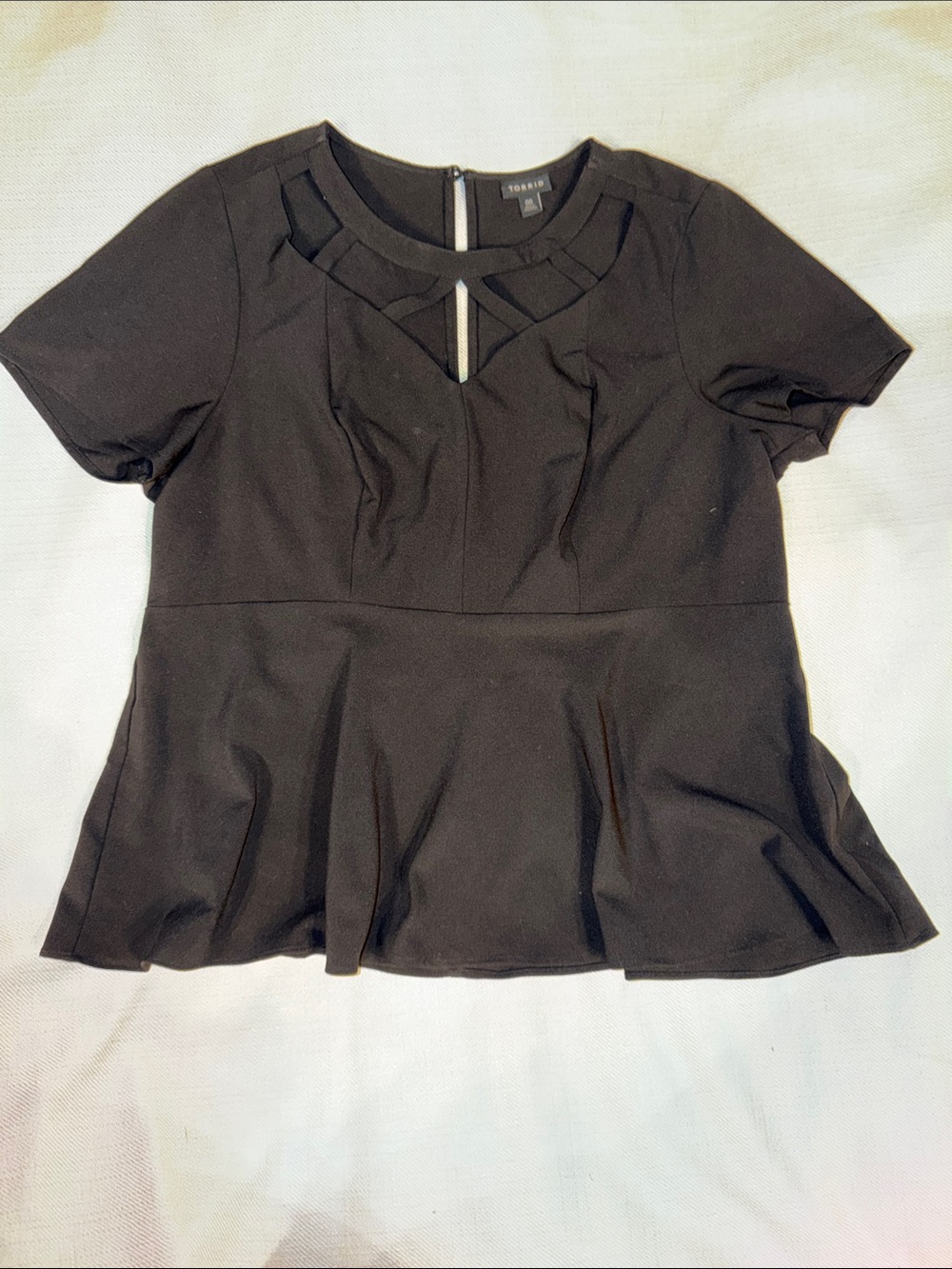 torrid Black Short Sleeve Peplum Top with Lattice Cutout
